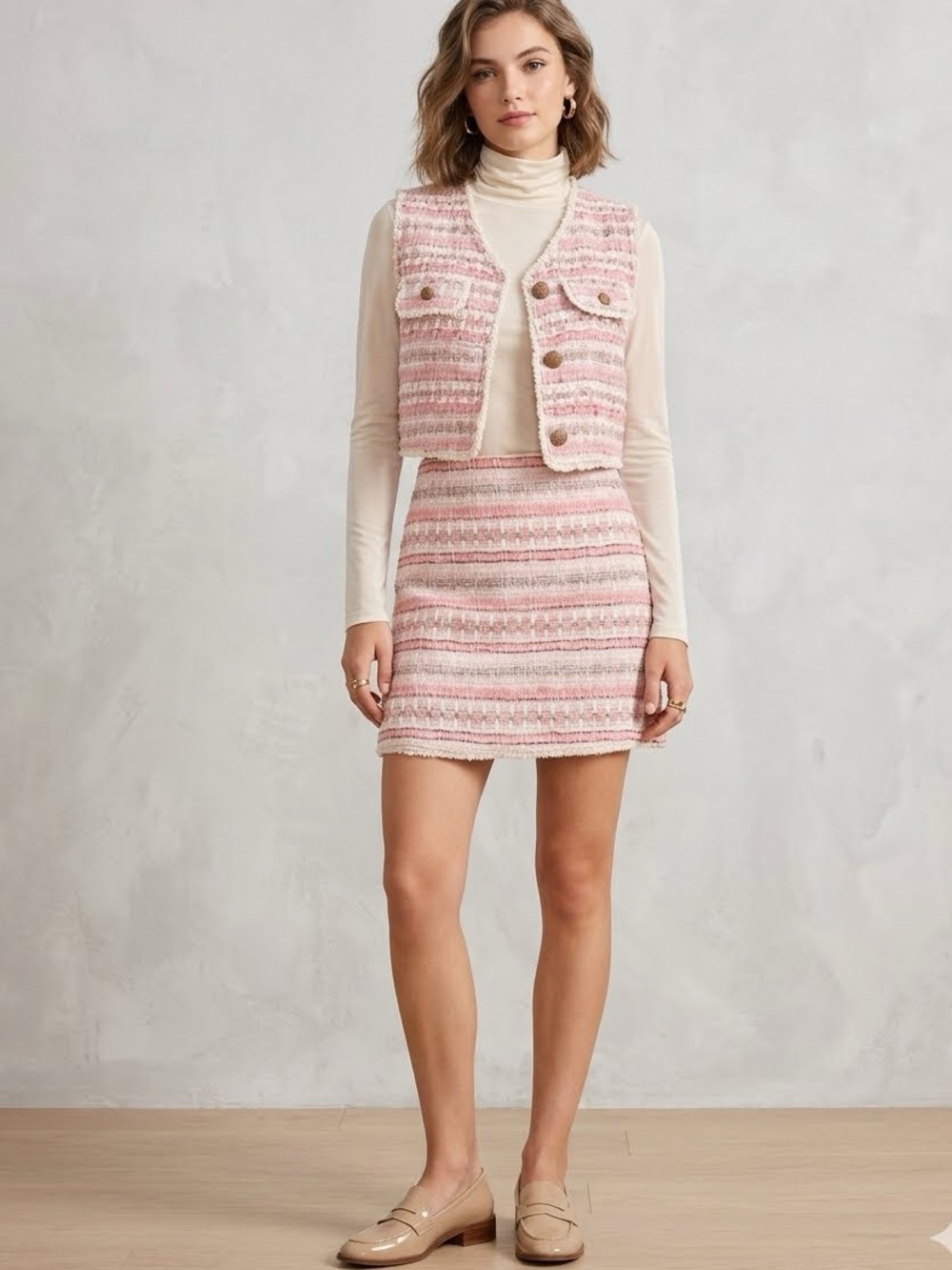 Tweed Pink, Cream, & Gold Vest Skort set